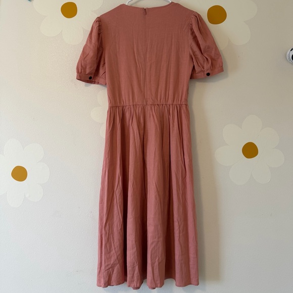 Bohme Linen Blend Cyrus Midi Dress in Pink with Puff Short Sleeves - Picture 9 of 14